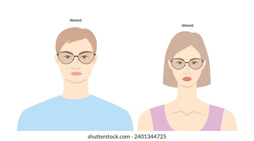 Almond frame glasses on women and men flat character fashion accessory illustration. Sunglass front view unisex style, rim spectacles eyeglasses with lens sketch outline isolated on white background