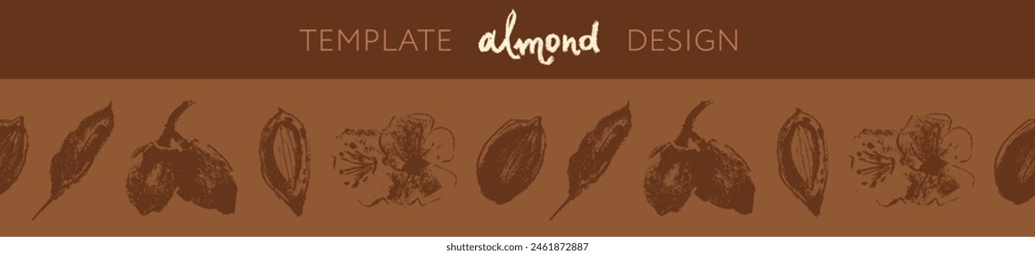 Almond frames for banner background or label template design. Organic almond seamless pattern. Garland almond nuts. Crayon drawings for almonds packaging or marzipan paste tag. Vector floral border.