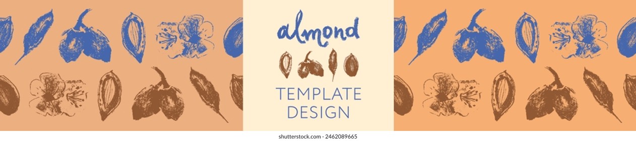 Almond frames for banner background or label template design. Organic almond seamless pattern. Garland almond nuts. Crayon drawings for almonds packaging or marzipan paste tag. Vector floral border.