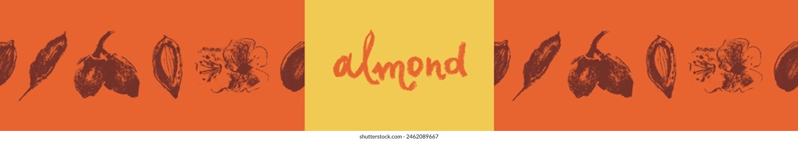 Almond frames for banner background or label template design. Organic almond seamless pattern. Garland almond nuts. Crayon drawings for almonds packaging or marzipan paste tag. Vector floral border.