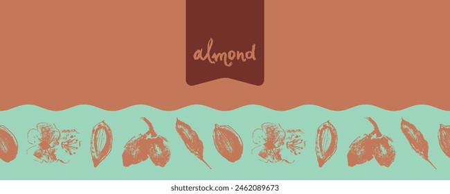 Almond frames for banner background or label template design. Organic almond seamless pattern. Garland almond nuts. Crayon drawings for almonds packaging or marzipan paste tag. Vector floral border.