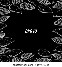 Almond graphic square frame, white on black, vector hand drawn illustration.