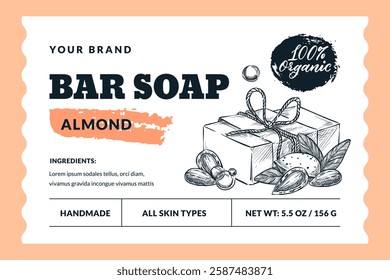 Almond hand made natural soap bar package label or sticker template. Bath and spa badge or banner layout and design elements. Vector hand drawn sketch illustration
