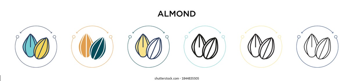 Almond icon in filled, thin line, outline and stroke style. Vector illustration of two colored and black almond vector icons designs can be used for mobile, ui, web