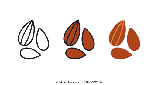 Almond icon. Linear color flat icons of nuts, contour, shape, outline isolated on white. Thin line. Modern design. Vector set. Healthy food and vitamins