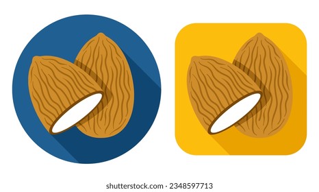 Icono de almendra con sombra larga - etiquetado para el desayuno saludable, comidas, postres. Pegatina vectorial aislada para alimentos 