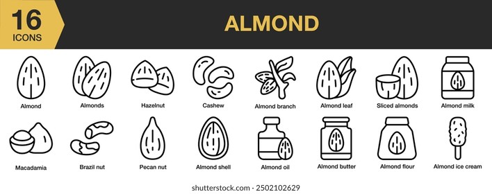 Mandel-Icon-Set. Umfasst Mandelzweig, Mandelbutter, Paranuss, Pekannuss, Haselnuss, Cashew und mehr. Gliederungssymbole, Vektorsammlung.