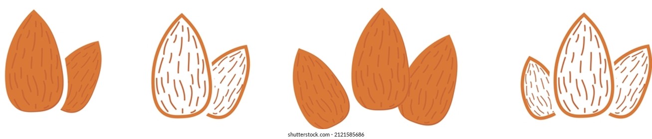Juego de iconos de almendra. Ilustración vectorial de nuez aislada en fondo blanco