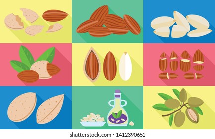 Almond icons set. Flat set of almond vector icons for web design