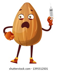Almond with a injection in his hand, illustration, vector on white background.