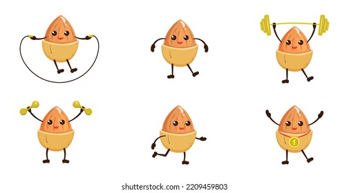 Almond kawaii is engaged in fitness. Cartoon illustration of nuts with sports equipment