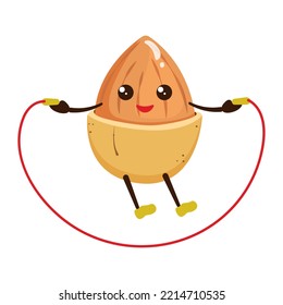 Almond kawaii goes in for sports. Vector cartoon illustration of nut jumping on rope