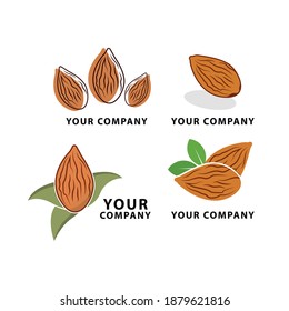 Almond kernel with green leaves set isolated on white background vector illustration. Organic food ingredient, traditional vegetarian snack. Almond nut seed whole and shelled collection.