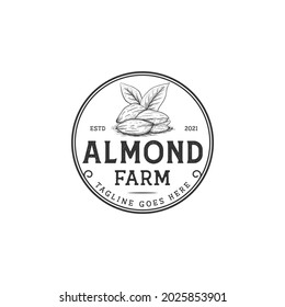 Almond logo nuts with vintage retro rustic style for farmer, farm