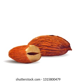 Almond low poly. Fresh, nutritious, tasty almond. Vector illustration. Almond nuts in triangulation technique. 