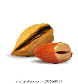 Almond low poly. Fresh, nutritious, tasty almond. Vector illustration. Almond nuts in triangulation technique. 