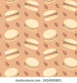 Almond Macaron Seamless Pattern on brown background. Vector Illustration.