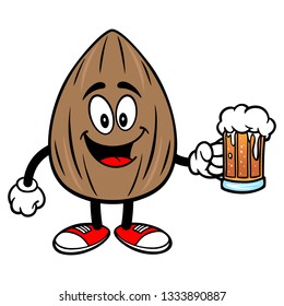 Almond Mascot with a Beer - A vector cartoon illustration of a Almond mascot holding a mug of Beer.