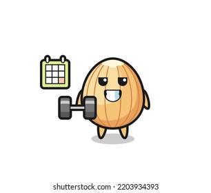 almond mascot cartoon doing fitness with dumbbell , cute design