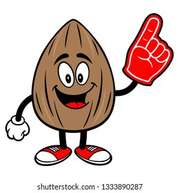 Almond Mascot with a Foam Hand - A vector cartoon illustration of a Almond mascot with a Foam Finger.