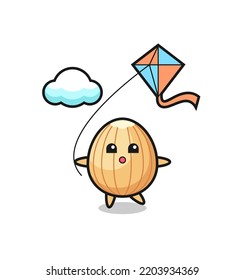 almond mascot illustration is playing kite , cute design