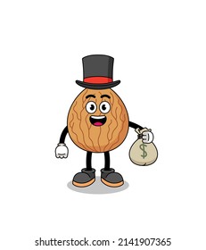 almond mascot illustration rich man holding a money sack , character design