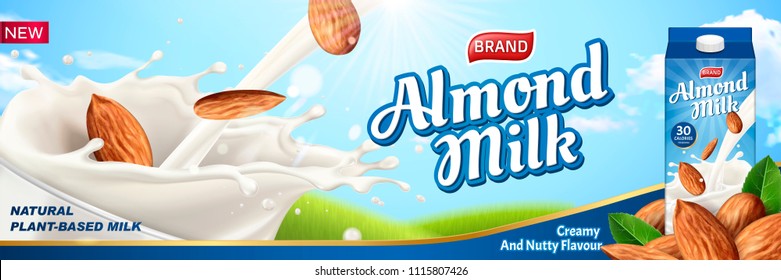 Almond milk ads with liquid pouring down into glass cup and package design on the right side, 3d illustration