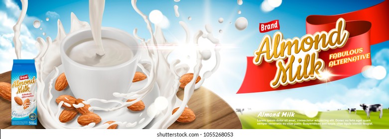 Almond milk ads with splashing effect on wooden table in 3d illustration, farm bokeh background