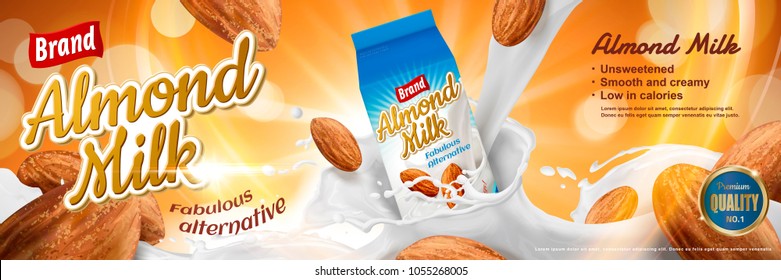 Almond milk ads with splashing liquid and seeds around the carton container in 3d illustration