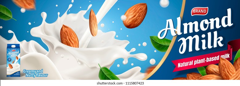 Almond milk ads with splashing liquid and seeds on blue background in 3d illustration