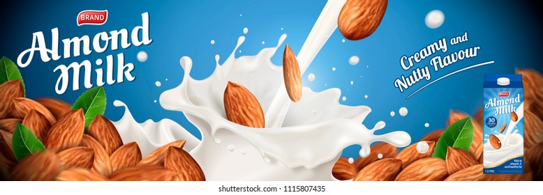 Almond milk ads with splashing liquid and heap of seeds on blue background in 3d illustration