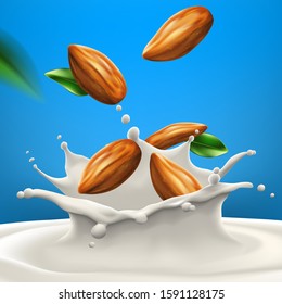 Almond Milk Big Splash High Quality Vector Realistic Illustration For Ads, Labels, And Packaging Design Uses