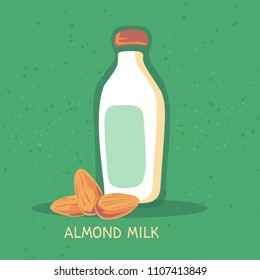 Almond milk bottle isolated on green background. Organic food and health food symbols.