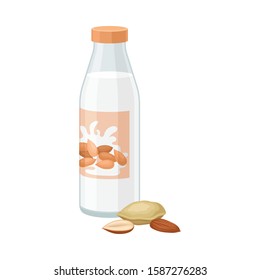 Almond Milk in Bottle with Nuts Lying Beside it Vector Illustration