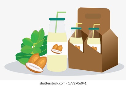 almond milk bottle packaging vector advertising home delivery flat illustration