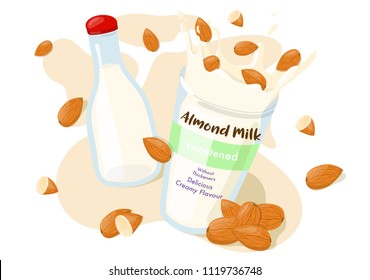 Almond Milk in a bottle and Splash with whole almonds in a glass vector Ad poster. Healthy eating cartoon illustration isolated on white background