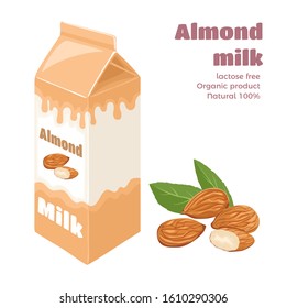 Almond milk in carton box isolated on white background. Vector illustration of plant-based drink and nuts in cartoon flat style. Organic Dairy Free Vegan milk.