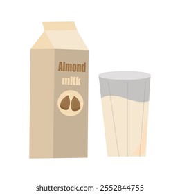 Almond milk in carton box isolated on white background. Vector illustration of plant-based drink and nuts in cartoon flat style. Organic Dairy Free Vegan milk.