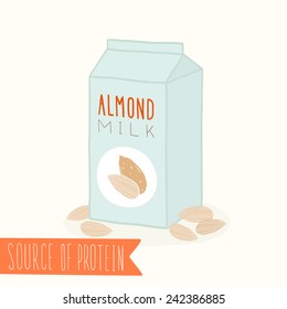 Almond milk in carton pack. Vector hand drawn illustration