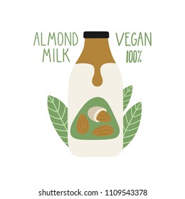 Almond milk in a cartoon bottle. Vegan milk. Packaging. Vector hand drawn illustration.