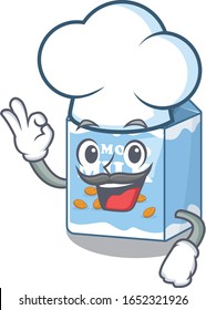 Almond milk cartoon character working as a chef and wearing white hat