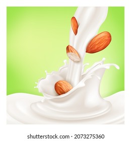 Almond Milk Dairy Drink Poster. Vegan Nut. Advertising Mockup. Organic Almond Nutrition. 3d Realistic Illustration