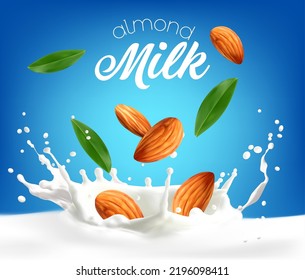 Almond milk dairy splash with nuts, cream and leaves. Vector promo design for healthy lactose free beverage with nuts pouring down in white liquid with drops and seeds, realistic 3d vegan drink