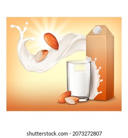 Almond milk drink glass poster. Nutrition cold flow. Smooth ingridient. Diet almond food. 3d realistic illustration