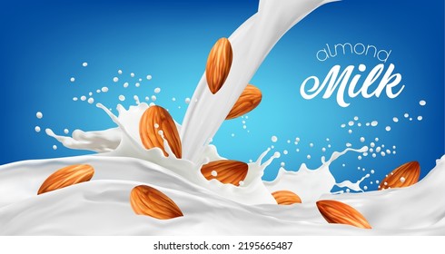 Almond milk drink, nuts, cream and dairy splash. Vector promo banner of healthy lactose free beverage with nuts pouring down in white liquid with drops and seeds, realistic 3d milk drink