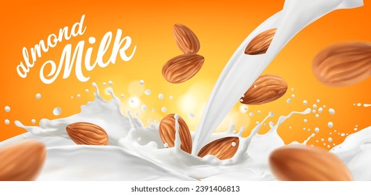 Flujo de leche de almendra y salpicado de nueces. Banner de promoción de vectores con bebida cremosa blanca y granos maduros. Bebida líquida libre de lactosa sana vertiéndose con gotas y semillas, diseño 3d realista para anuncios