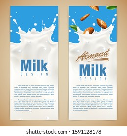  Almond Milk Flyer Design Vector Illustration With Milk Splash, Vector Illustration For Ads, Labels, And Packaging Design Uses