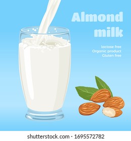 Almond milk in glass isolated on blue background. Pouring vegan nut milk and splash. Plant-based drink in cartoon flat style. Vector illustration of milk flow. Organic Dairy Free beverage.