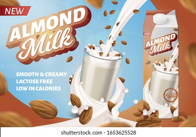 Almond Milk Horizontal Banner, Natural Fortified Diet Drink, Low in Calories Made of Nuts, Smooth and Creamy, Lactose Free Beverage, Advertising Poster, Package Design Realistic 3d Vector Illustration