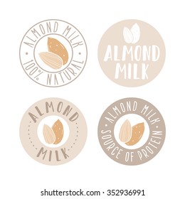 Almond Milk Labels. Vector Hand Drawn Illustration. Packaging Design